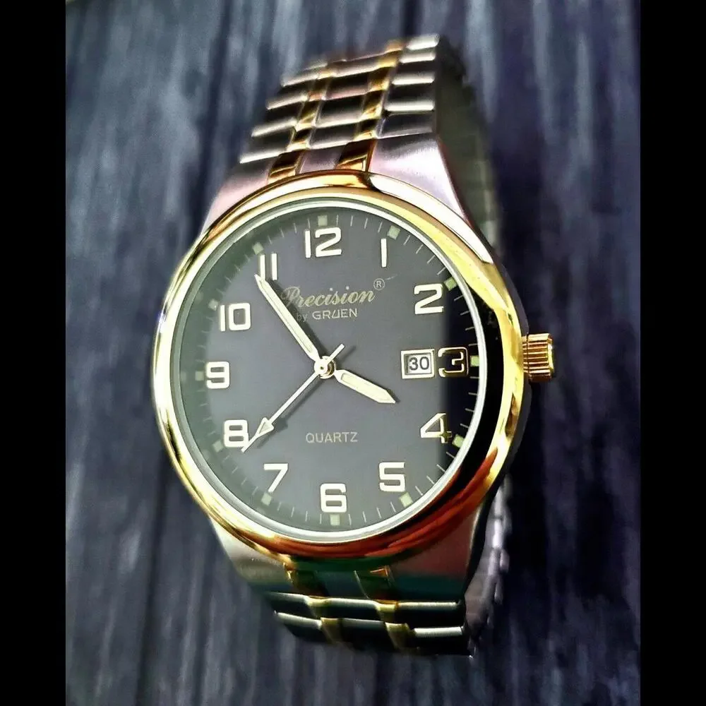 Rare GRUEN‎ Precision 2Tone Gold Mens Dress Watch New Battery